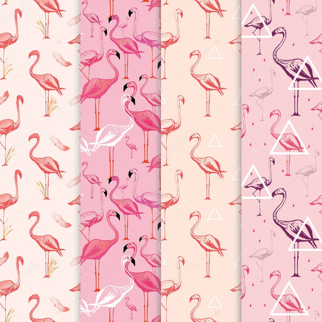 Set of Flamingo seamless patterns. Vector background design with flamingos for wallpaper, fabric, textile.