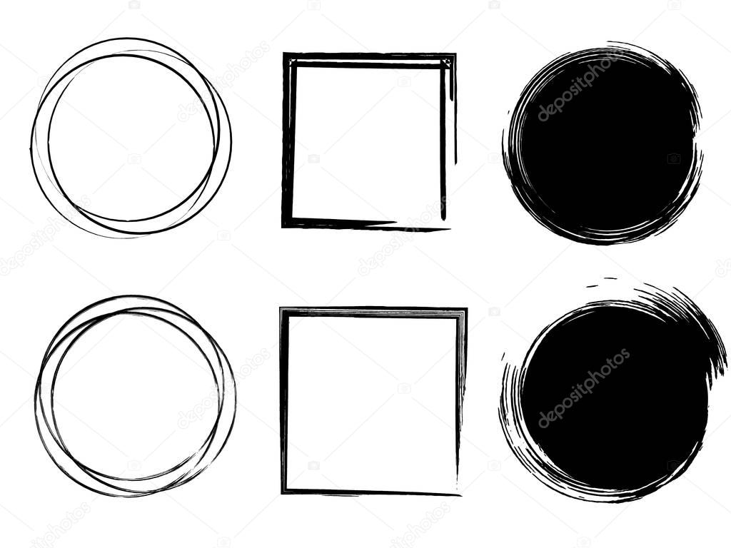 Set of Black Grunge Circle Stains, Shapes. Vector illustration. Hand Drawn Ink Collection.