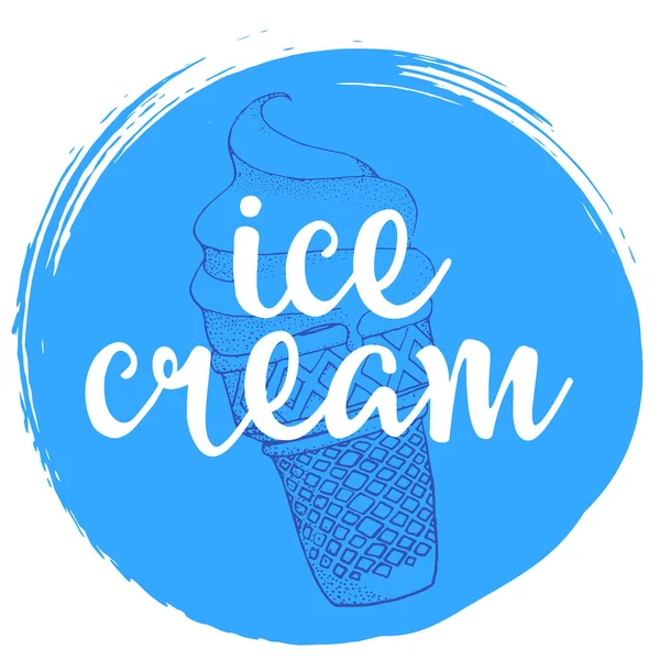 Hand geschreven zin ijs op de blauwe cirkel hand getekende achtergrond met ijs. — Stockvector