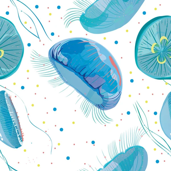 Pola mulus dengan ubur-ubur transparan yang rinci. Biru laut jelly pada latar belakang putih. Ilustrasi vektor - Stok Vektor