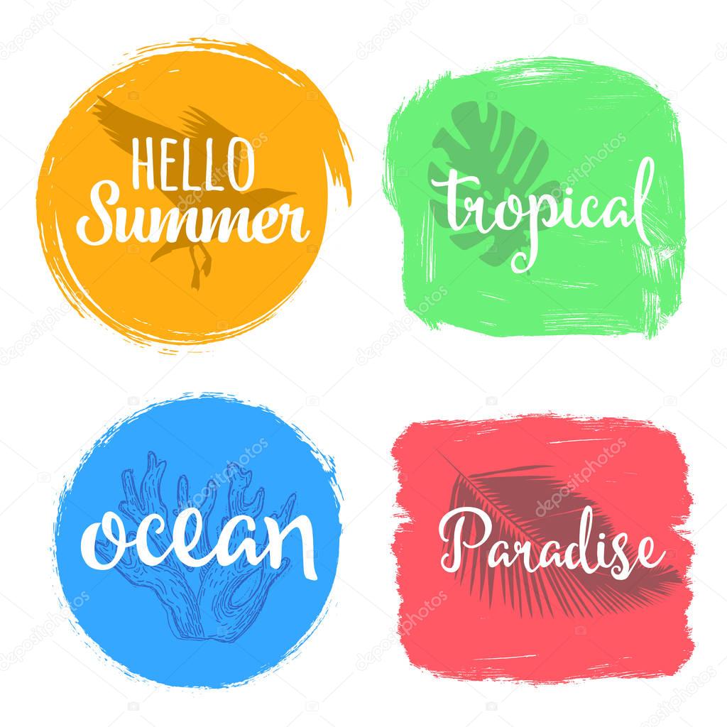 Set of colorful universal use circles, signs, badges, stickers, backgrounds for advertising, text, business, promotion. Summer hand written lettering.