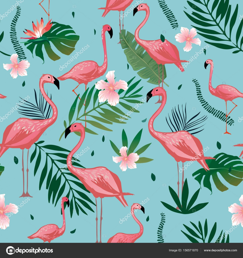 Pink Flamingo Seamless Pattern With Tropical Leaves And Flowers Vector Background Design With Flamingos For Wallpaper Fabric Textile Stock Vector C Artemvorotnik Gmail Com 156571870