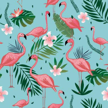 Tropikal yaprak ve çiçek ile Pembe Flamingo seamless modeli. Vektör arka plan tasarımı ile flamingolar için duvar kağıdı, kumaş, tekstil.