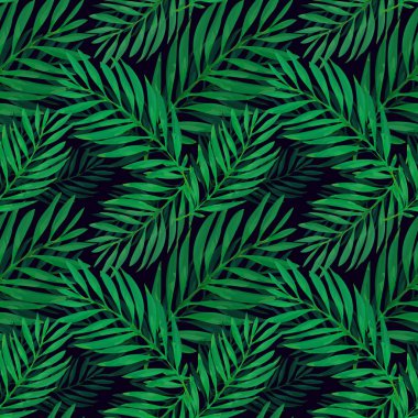 Tropikal palmiye desen bırakır. Soyut orman bitki örtüsü ile modaya uygun baskı tasarımı. Egzotik sorunsuz arka plan. Vektör çizim