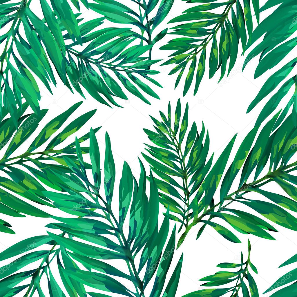 Tropical palm leaves pattern. Trendy print design with abstract jungle foliage. Exotic seamless background. Vector illustration
