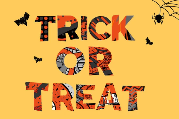 Vector Halloween poster met hand getrokken stijl type Trick or Treat, met spinnen en vleermuizen. — Stockvector