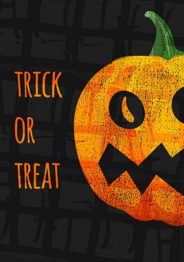 Yaratıcı el kartı Cadılar Bayramı tatil için çekilmiş. Oyun ya da şeker, korkutucu kabak ile yazı. Davet, el ilanı, parti poster için eşyalar. Vektör.