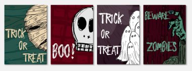 Elle çizilmiş yaratıcı kartları için Cadılar Bayramı tatil kümesi. Davet, el ilanı, parti poster için eşyalar. Vektör çizim.