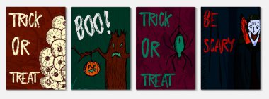 Elle çizilmiş yaratıcı kartları için Cadılar Bayramı tatil kümesi. Davet, el ilanı, parti poster için eşyalar. Vektör çizim.