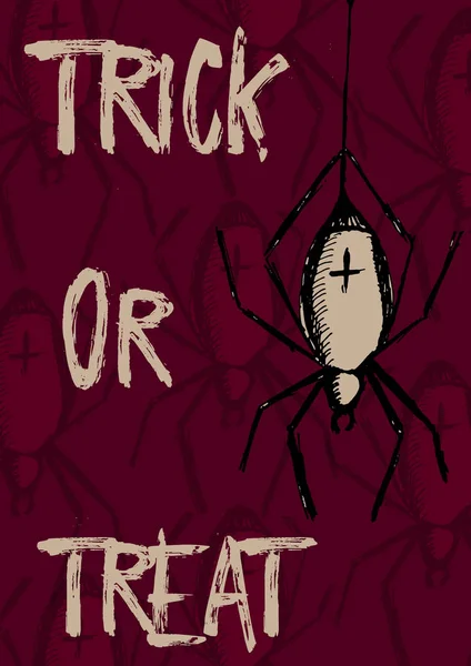 Tarjeta dibujada a mano creativa para las vacaciones de Halloween. Truco o trato, Letras con araña espeluznante en la web. Bienes para invitación, volante, cartel de la fiesta. Vector . — Archivo Imágenes Vectoriales