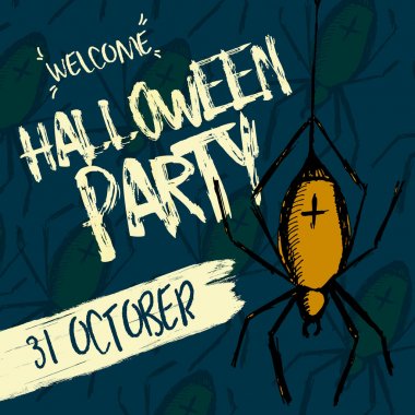 Cadılar Bayramı tatil partisi davetiyesi. Örümcek web üzerinde el yazısı metin. Kartı, el ilanı, parti poster için eşyalar. Vektör çizim