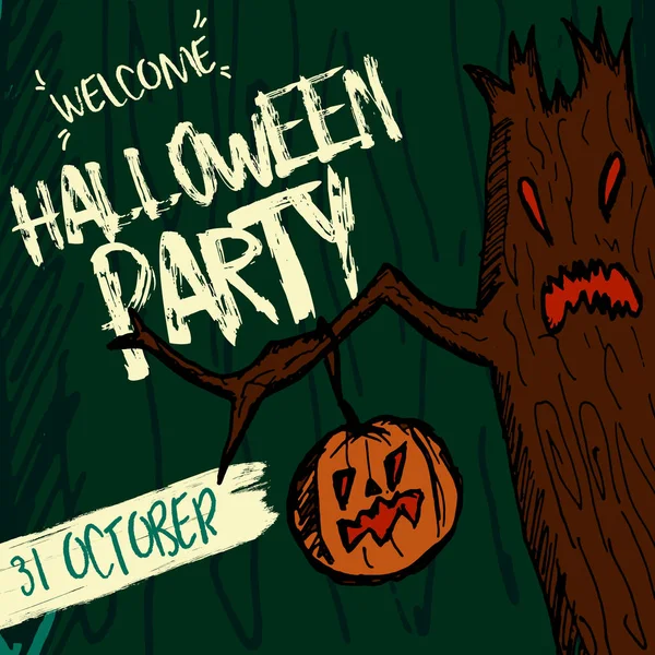 Uitnodiging voor feestje voor Halloween vakantie. Handgeschreven tekst met enge boom en pompoen. Goederen voor kaart, flyer, affiche van de partij. Vectorillustratie — Stockvector