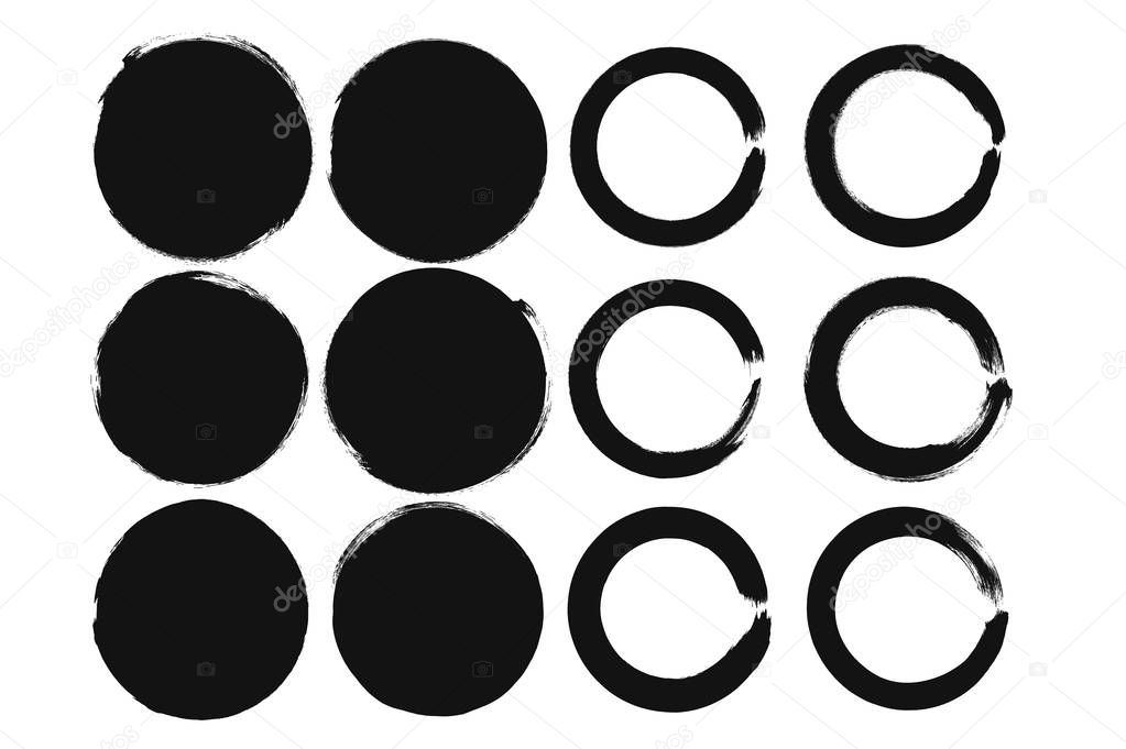 Set of Black Grunge Circle Stains, Shapes. Vector illustration. Hand Drawn Ink Circles Collection.
