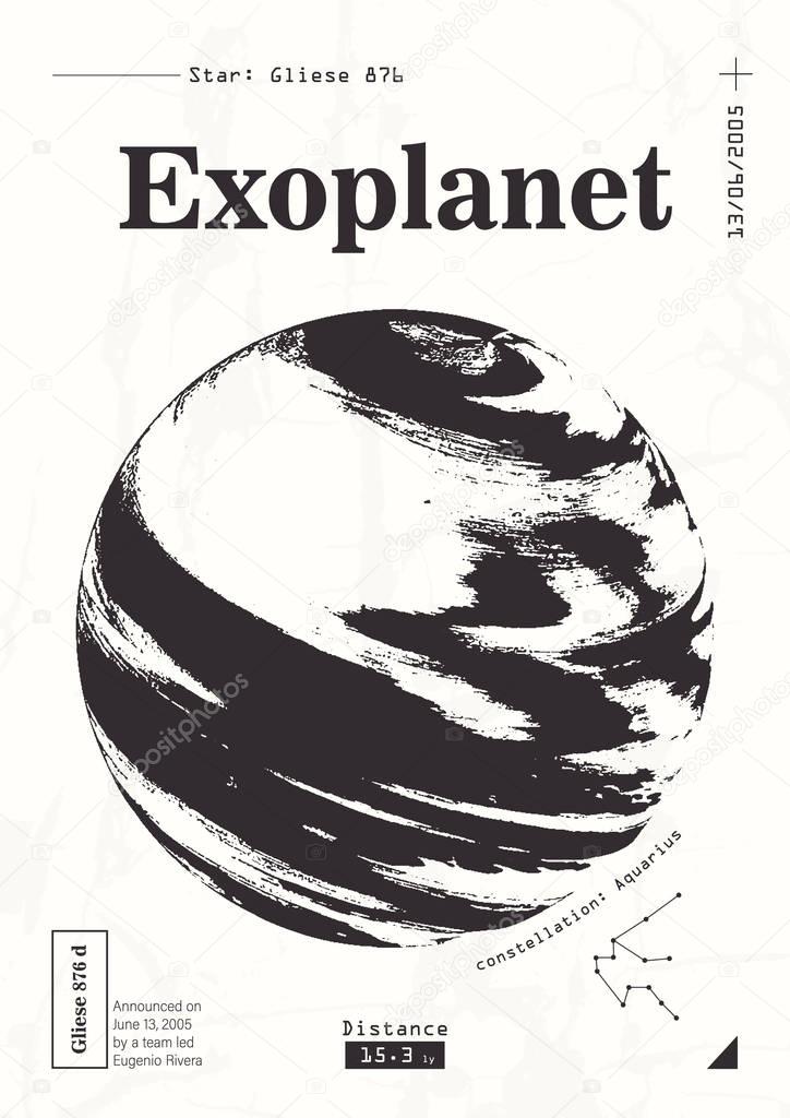 Exoplanet informative poster. Scientific illustration of planets research. Popular science theme about outer space.