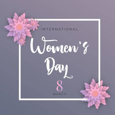 8 Mart. Çiçek tebrik kartı. Kadınlar günün kutlu olsun. Kağıt kesme kare kare, metin için yer olan mor pembe degrade çiçek. Origami buket. Vektör çizim