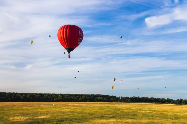Many balloons fly over the field and forest. In the foreground i — Stock Photo, Image