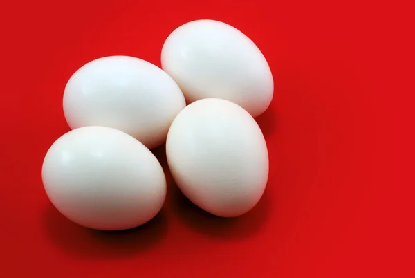 Empat telur putih dengan latar belakang merah, pemotretan studio horizontal — Stok Foto