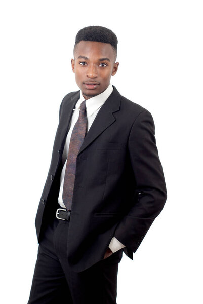 Young man wearing suit and tie on white background, business or office worker