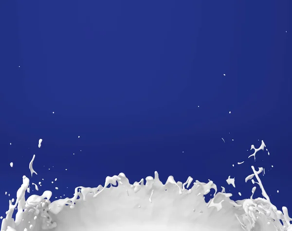 牛奶溅上蓝色背景 3d 图 — 图库照片