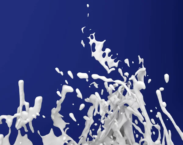 Брызги молочного молока на синем фоне 3D иллюстрация — стоковое фото