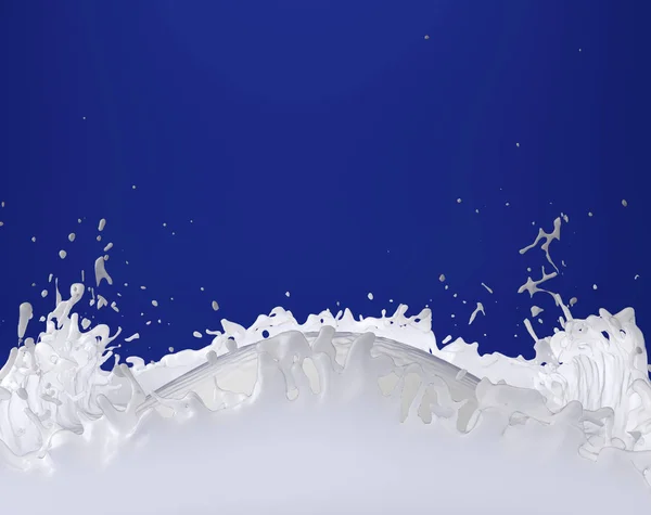 Leche láctea salpicadura sobre fondo azul ilustración 3D —  Fotos de Stock