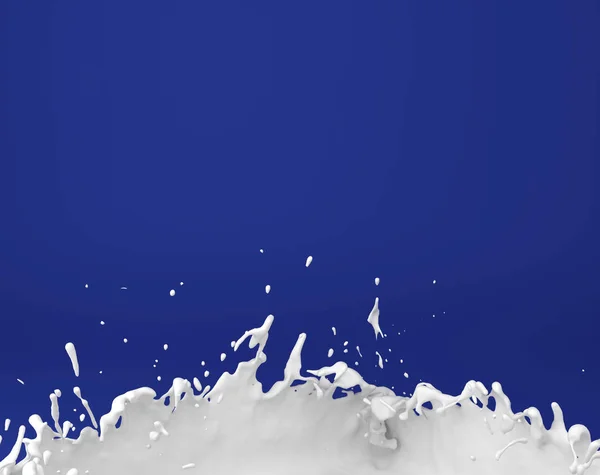 Leche láctea salpicadura sobre fondo azul ilustración 3D —  Fotos de Stock