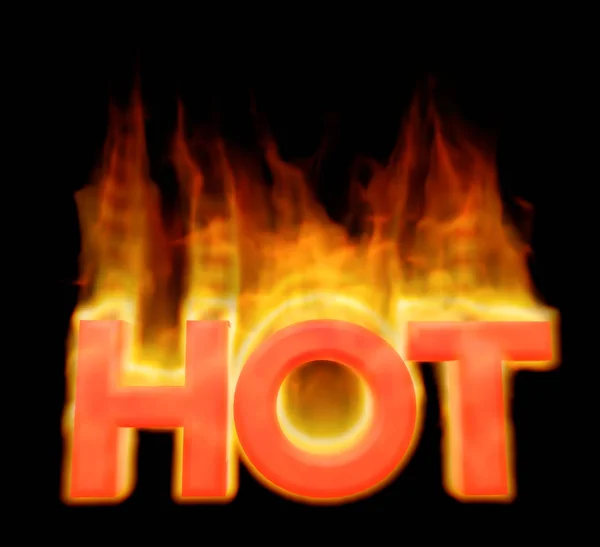 Palabra caliente llamas fuego texto negro fondo 3D ilustración — Foto de Stock