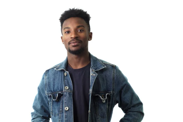 Joven hombre retrato azul jeans sobre fondo blanco — Foto de Stock