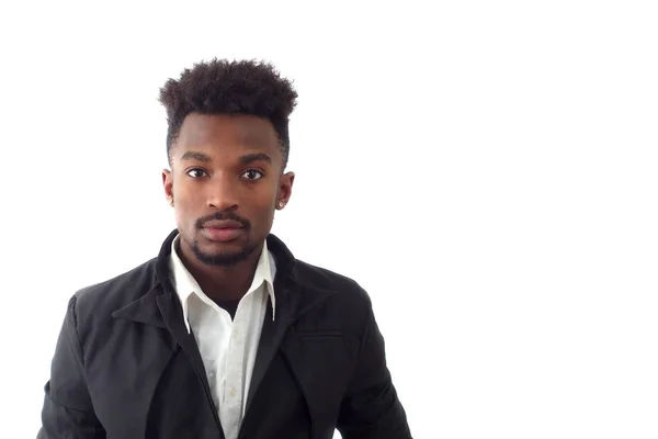 Hombre vistiendo chaqueta negra en blanco fondo estudio disparo — Foto de Stock