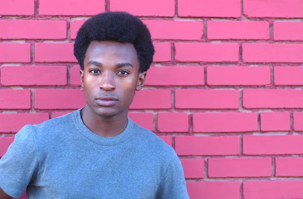 genç adam t-shirt portre tuğla duvar 