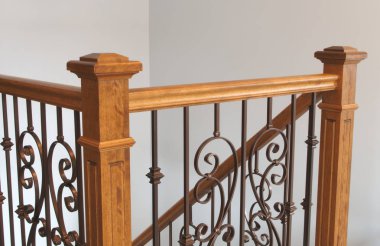 Victoria tarzı merdiven ahşap newel sonrası haindrail kahverengi metal korkuluk çubuğu yakın çekim