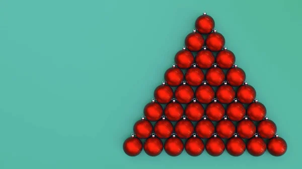 Muitas bolas vermelhas de natal bugigangas no fundo verde muitas decorações triângulo árvore forma abeto ilustração 3D — Fotografia de Stock