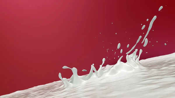 Latte schizzi sfondo rosso straberry sapore bevanda liquido 3D illustrazione — Foto Stock