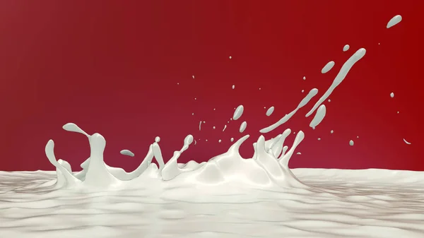 Leche salpicadura fondo rojo estrabeza sabor bebida líquido 3D ilustración —  Fotos de Stock