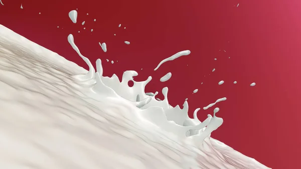 Süt fışkırtan kırmızı arka plan straberry aromalı içecek sıvı 3D illüstrasyon — Stok fotoğraf