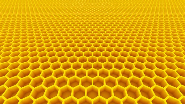 Panal de abeja fondo amarillo miel células colmena hexágono patrón fondo 3D ilustración — Foto de Stock