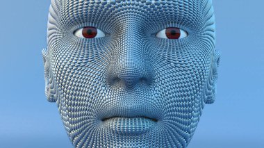 Metal kafalı robot fütüristik android teknolojisi. Çelik, 3D çizim.