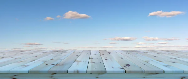 Cielo azul fondo madera tablones nube espacio 3D ilustración — Foto de Stock