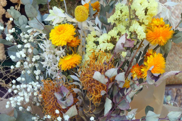 Dried Orange Flowers Gray Leafs Bouquet Natural Bloom — Stock Photo, Image
