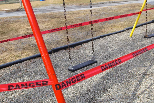 Covid Coronavirus Danger Sign Playground Park Swing Closed Forbidden Area — Stock Photo, Image