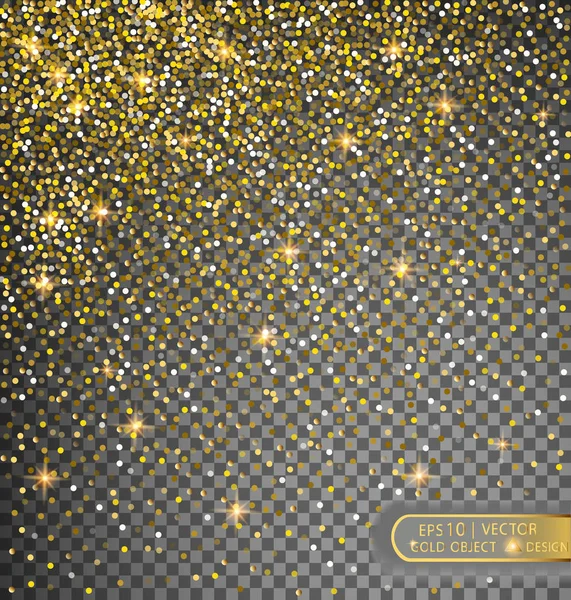 Ilustración festiva vectorial de partículas brillantes que caen y estrellas aisladas sobre fondo transparente. Golden Confetti Glitters. Textura brillante. Elemento de oropel decorativo para vacaciones de diseño . — Archivo Imágenes Vectoriales