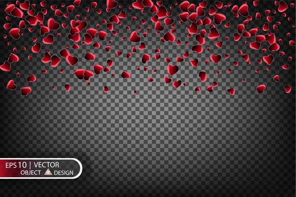 Slavnostní vektorové ilustrace klesající lesklé červené srdce, samostatný na průhledném pozadí. Konfety na poselství lásky, obrázek design pro Valentines den. Slavnostní dekorační pozlátko pro design. — Stockový vektor