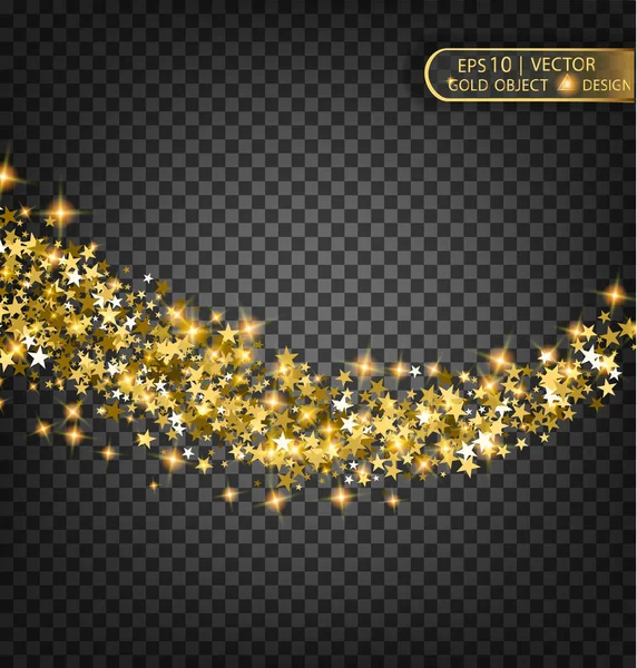 Векторная праздничная иллюстрация падающих блестящих частиц и звезд на прозрачном фоне . — стоковый вектор
