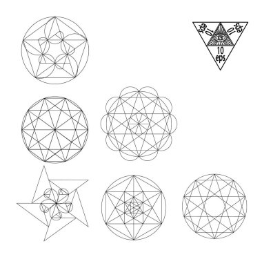 Kutsal geometri semboller ve signes vektör çizim. Hipster dövme. Çiçek hayat sembolü.