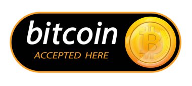 Bitcoin logo Kripto para ile bir yazıt burada bir siyah arka plan üzerine kabul. Blok etiketi slabbarking kuruluşlar web sayfaları veya yazdırmak için. Logo bitcoins. Vektör çizim