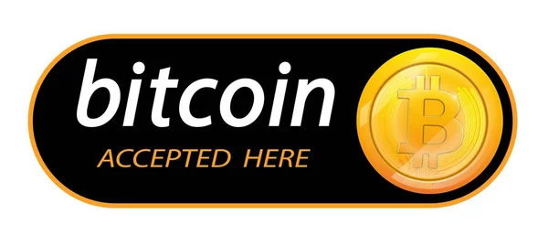 Logotipo Bitcoin de criptomoeda com uma inscrição aceite aqui em um fundo preto. Bloquear adesivo para organizações de slabbarking para páginas da web ou impressão. Logo bitcoins .Vector ilustração — Vetor de Stock