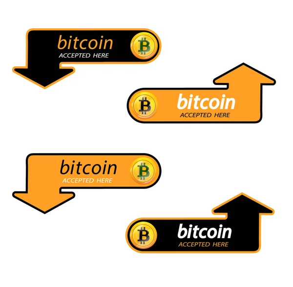 Logotipo de Bitcoin de criptomoneda con una inscripción aceptada aquí sobre un fondo negro. Pegatina de bloque para organizaciones de ladridos de losas para páginas web o impresión. Logo bitcoins .Vector ilustración — Vector de stock