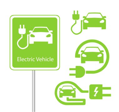 Road sign template of car charging station with a set of icons clipart