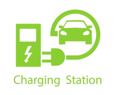 Elektrikli araçlar için şarj. Logo yol işareti şablonu elektrikli araç. Minimalist bir düz tasarım vektör çizim