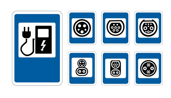Laadstation van een moderne elektrische auto-logo in de stijl van verkeersborden, wat is de toekomst. De vectorillustratie. platte ontwerp. Lader Taakspecifieke opties — Stockvector